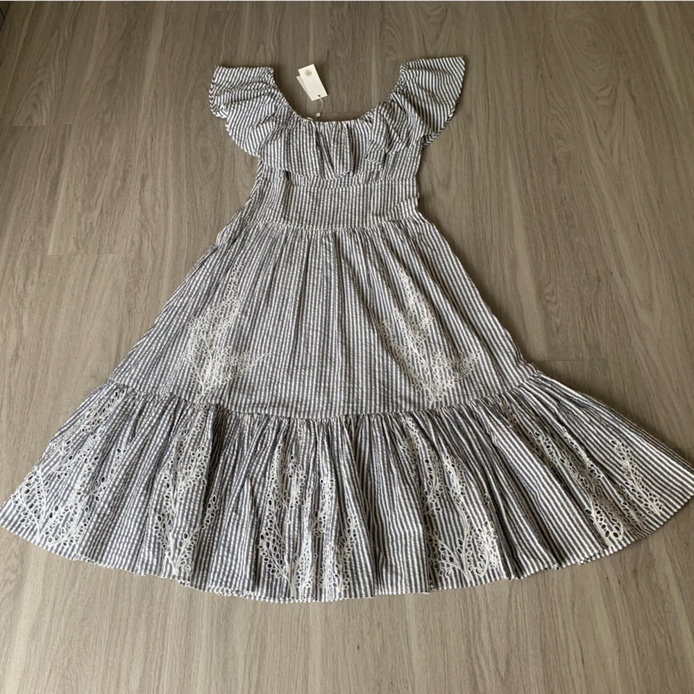 NWT Tory Burch Runway Striped Eyelet Embroidered Cotton Midi Dress Sz 4 - Picture 6 of 16